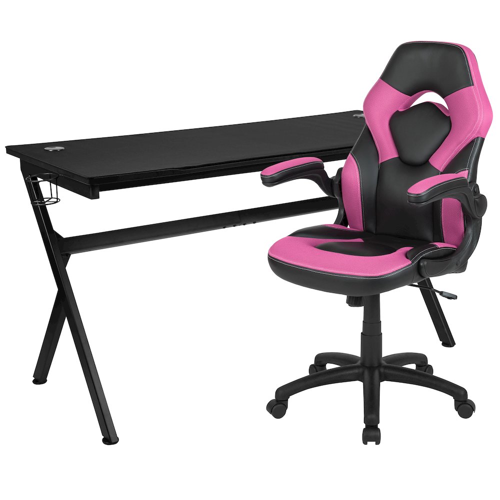 Gaming Desk and Pink/Black Racing Chair Set. Picture 1