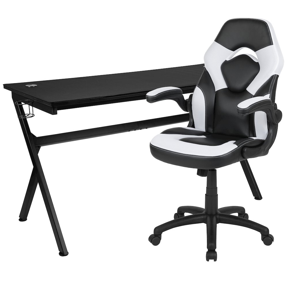 Gaming Desk and White/Black Racing Chair Set. Picture 1