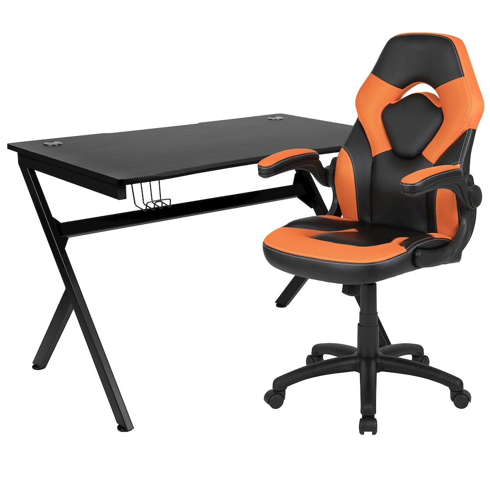 Black Gaming Desk and Orange/Black Racing Chair Set. Picture 1