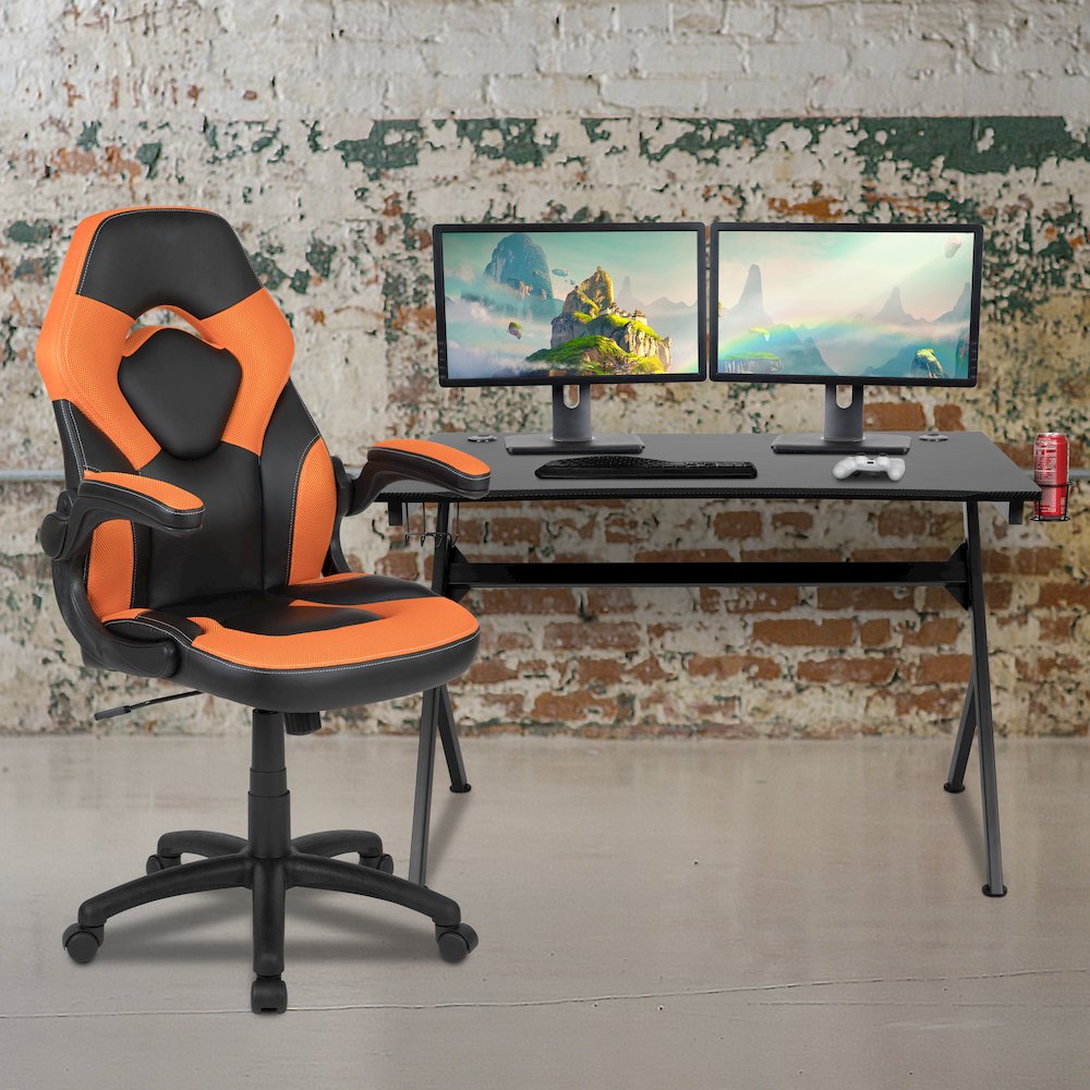 Black Gaming Desk and Orange/Black Racing Chair Set. Picture 2