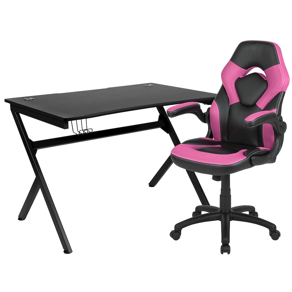 Black Gaming Desk and Pink/Black Racing Chair Set. Picture 1