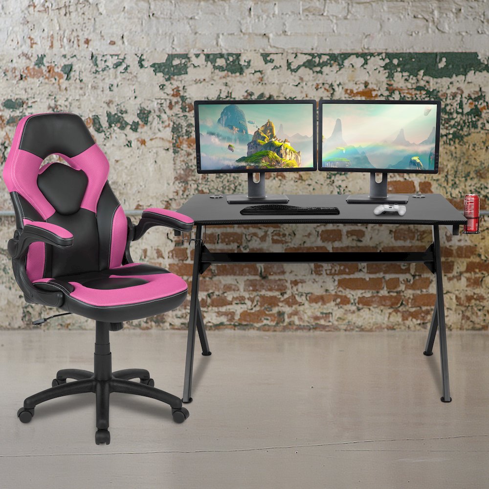 Black Gaming Desk and Pink/Black Racing Chair Set. Picture 2