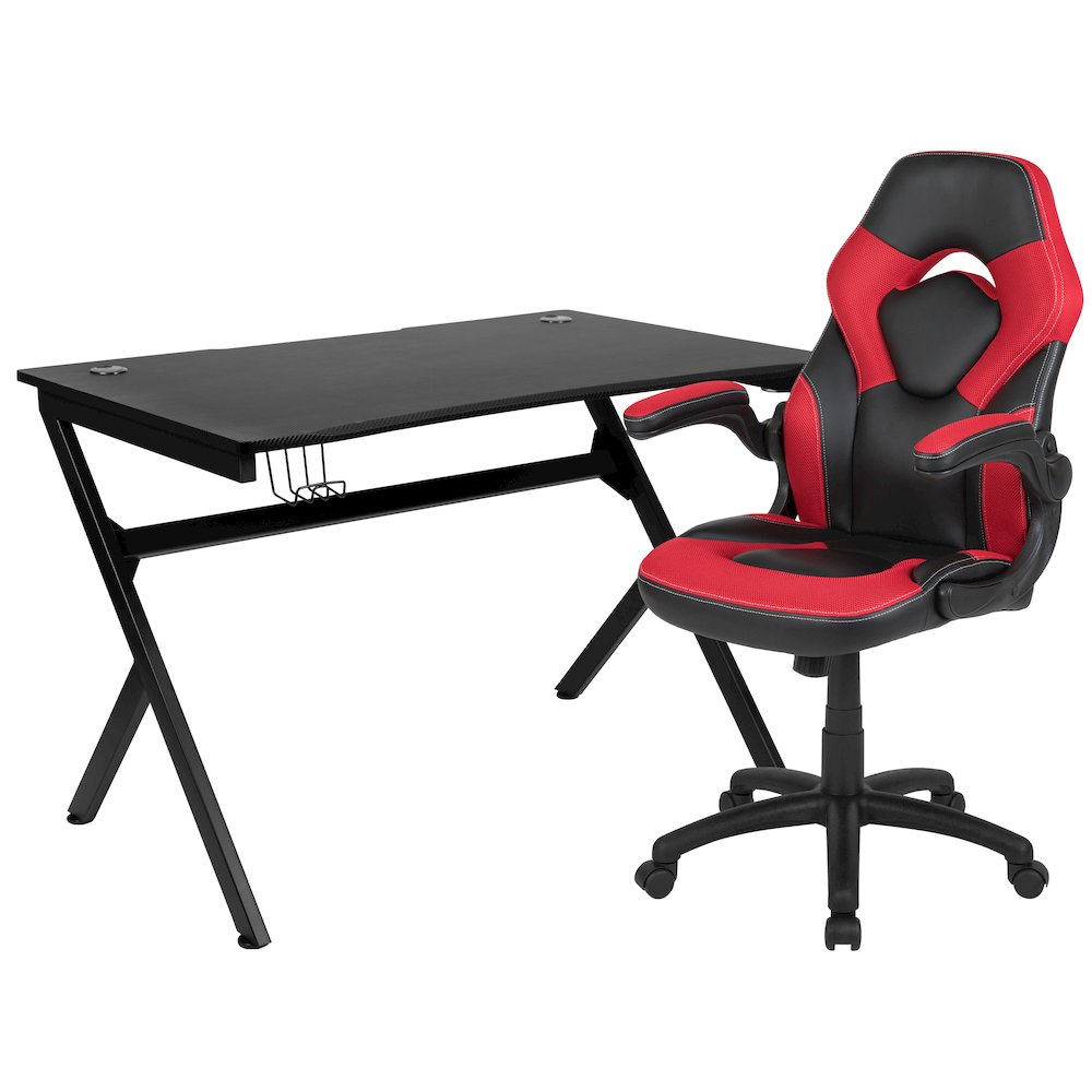Black Gaming Desk and Red/Black Racing Chair Set. Picture 1