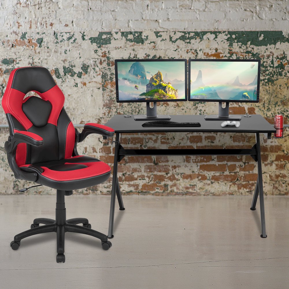 Black Gaming Desk and Red/Black Racing Chair Set. Picture 2