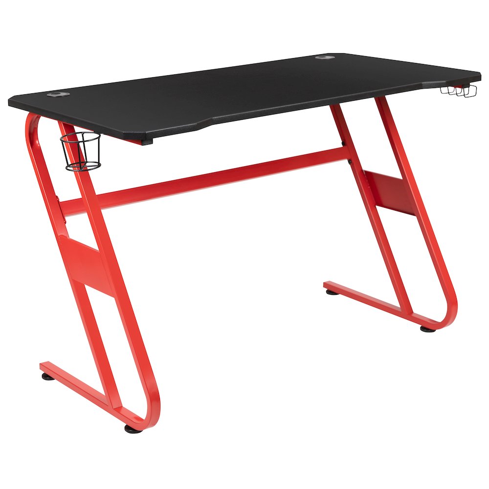 Red Gaming Desk and Black Racing Chair Set with Cup Holder and Headphone Hook. Picture 9