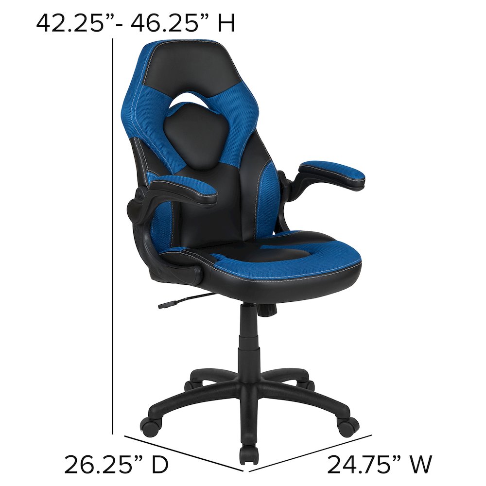 Red Gaming Desk and Blue/Black Racing Chair Set. Picture 6