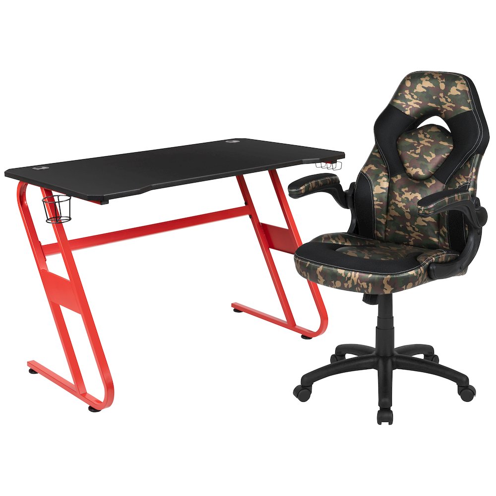 Red Gaming Desk and Camouflage/Black Racing Chair Set. Picture 1
