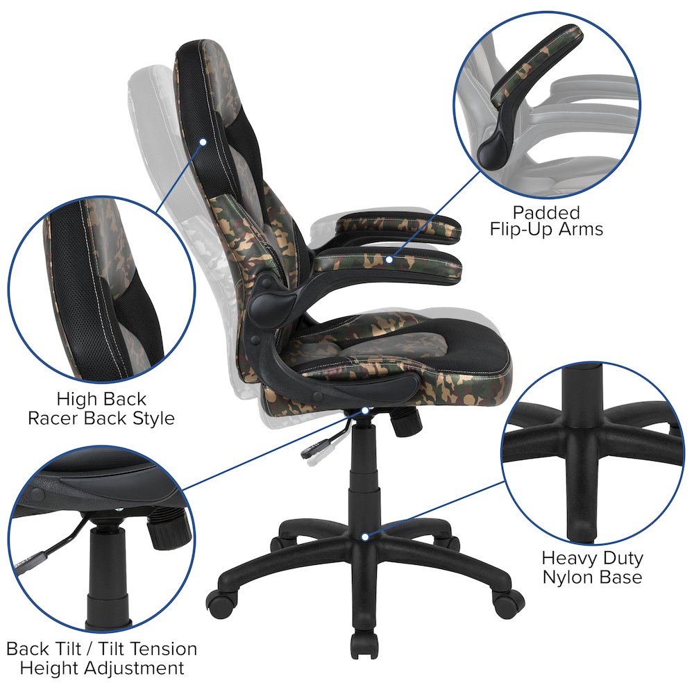 Red Gaming Desk and Camouflage/Black Racing Chair Set. Picture 4