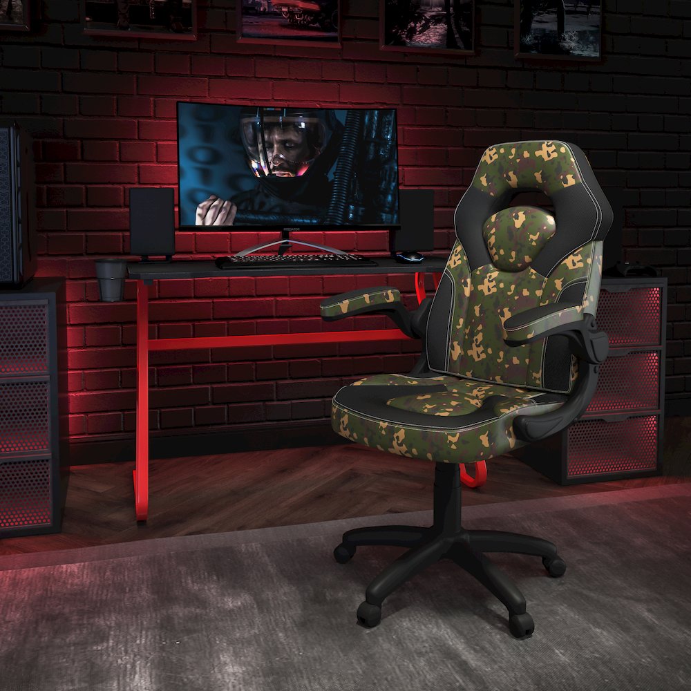 Red Gaming Desk and Camouflage/Black Racing Chair Set. Picture 2