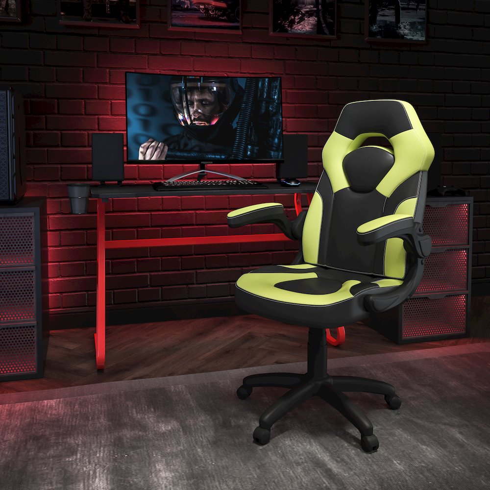 Red Gaming Desk and Green/Black Racing Chair Set. Picture 2