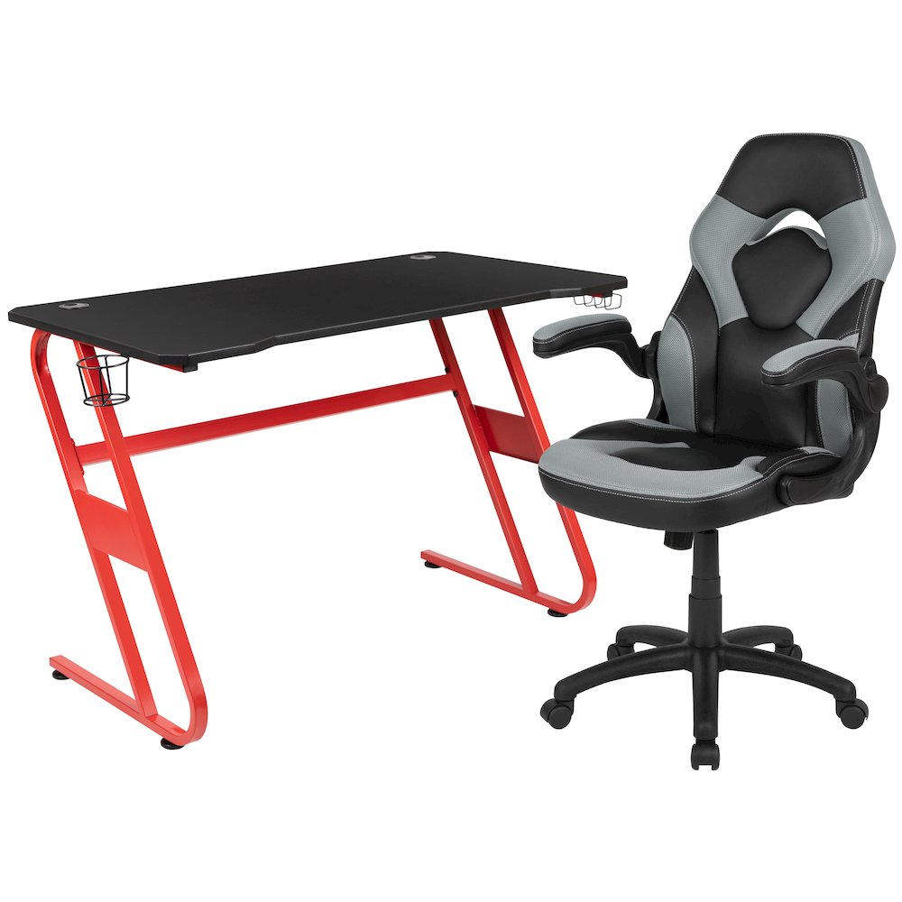 Red Gaming Desk and Gray/Black Racing Chair Set. Picture 1