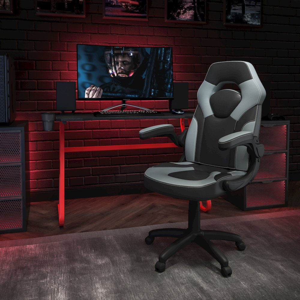 Red Gaming Desk and Gray/Black Racing Chair Set. Picture 2