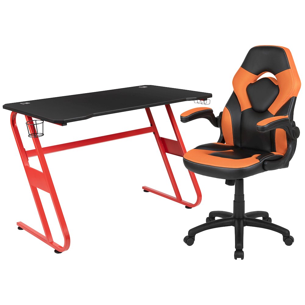 Red Gaming Desk and Orange/Black Racing Chair Set. Picture 1