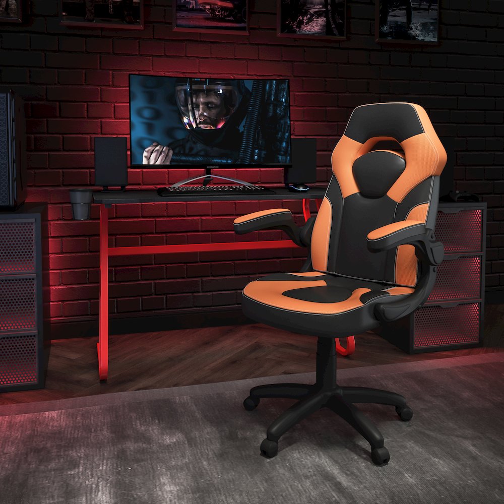 Red Gaming Desk and Orange/Black Racing Chair Set. Picture 2