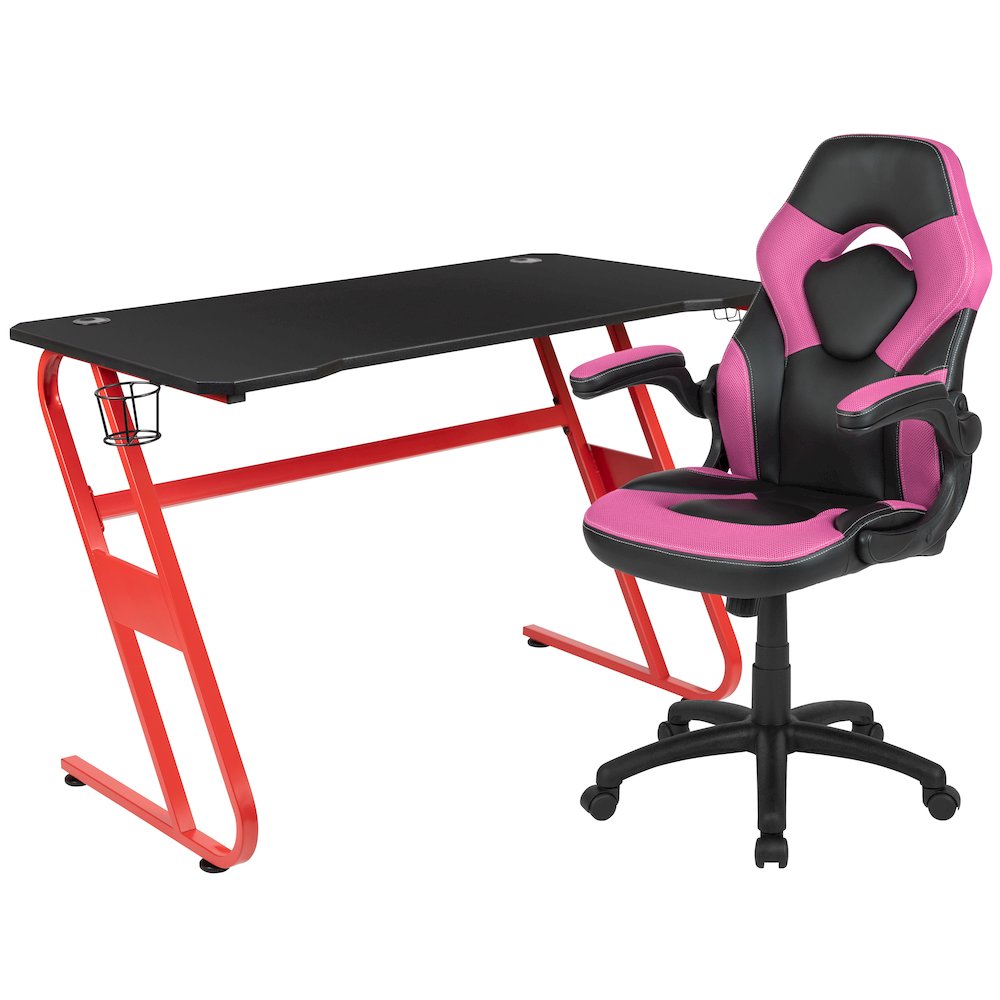 Red Gaming Desk and Pink/Black Racing Chair Set. Picture 1