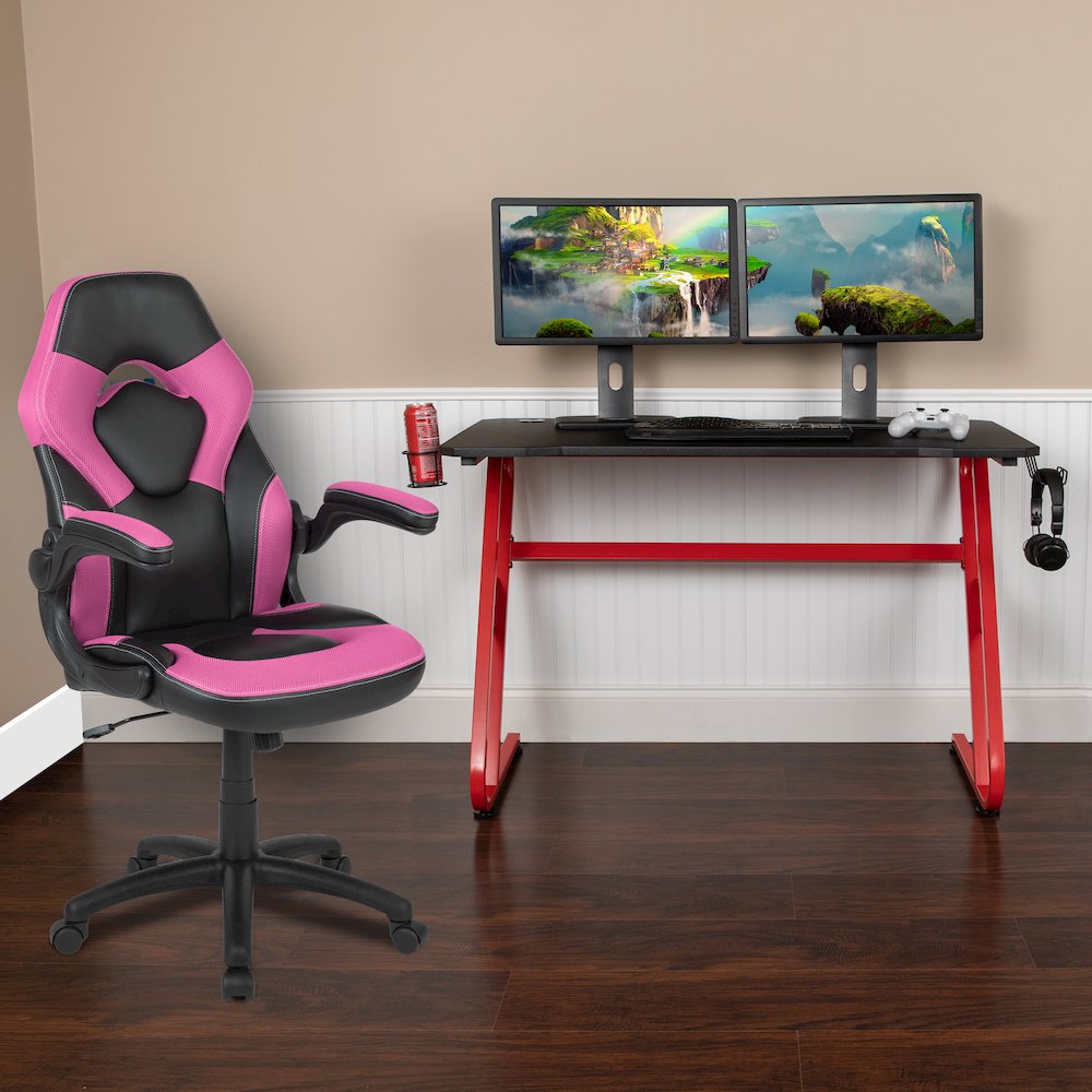 Red Gaming Desk and Pink/Black Racing Chair Set. Picture 2