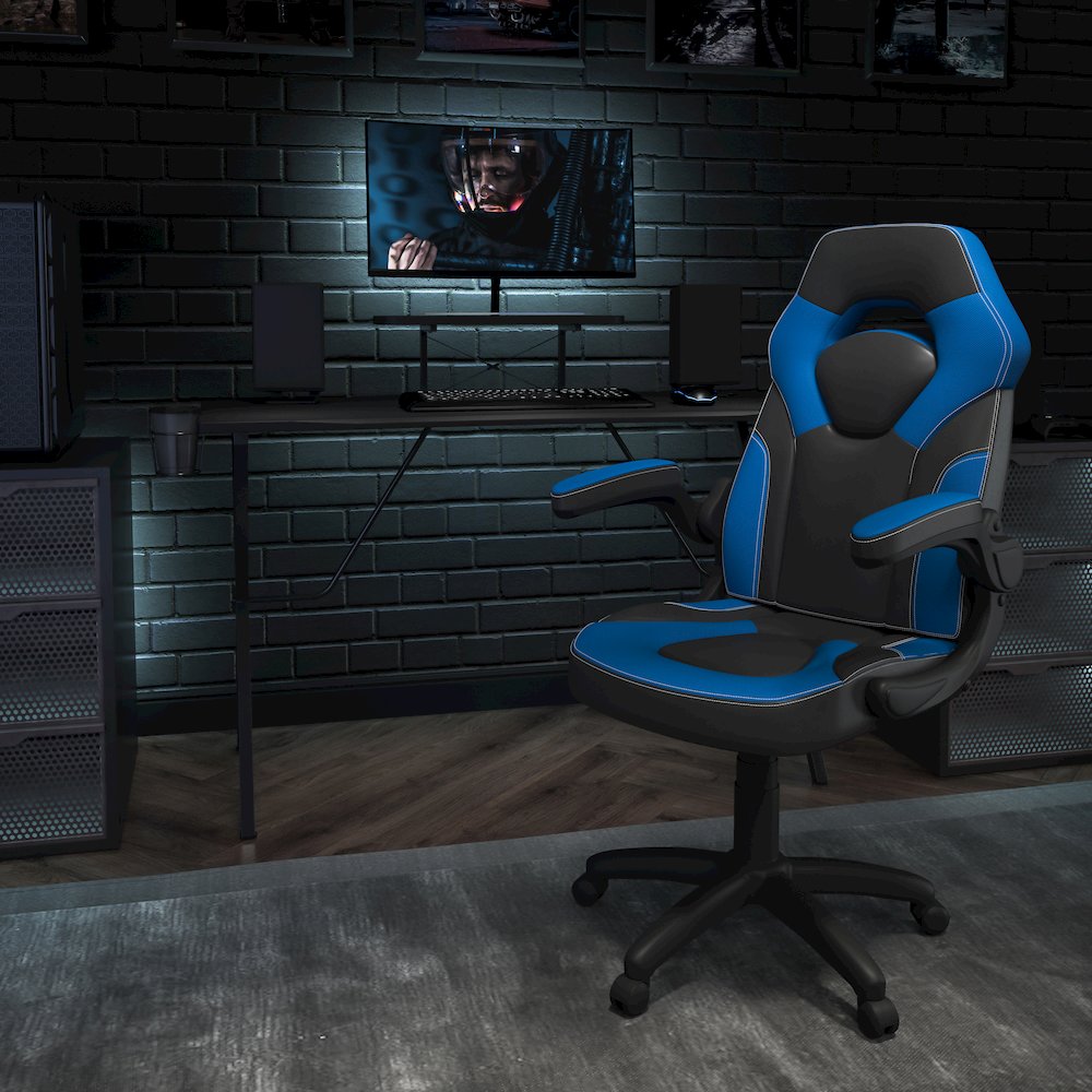 Black Gaming Desk and Blue/Black Racing Chair Set. Picture 2