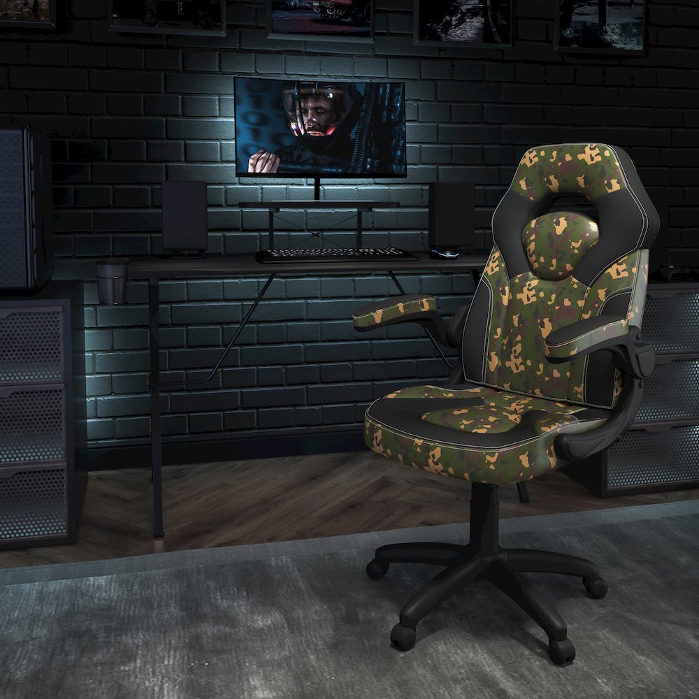 Black Gaming Desk and Camouflage/Black Racing Chair Set. Picture 2
