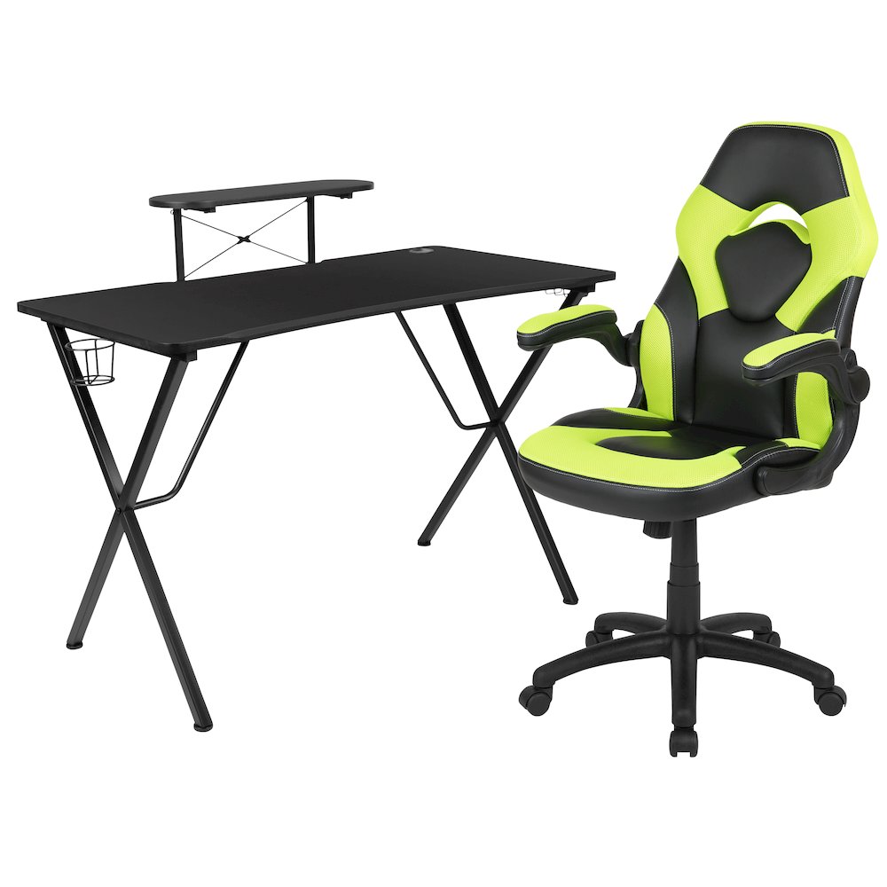 Black Gaming Desk and Green/Black Racing Chair Set. Picture 1