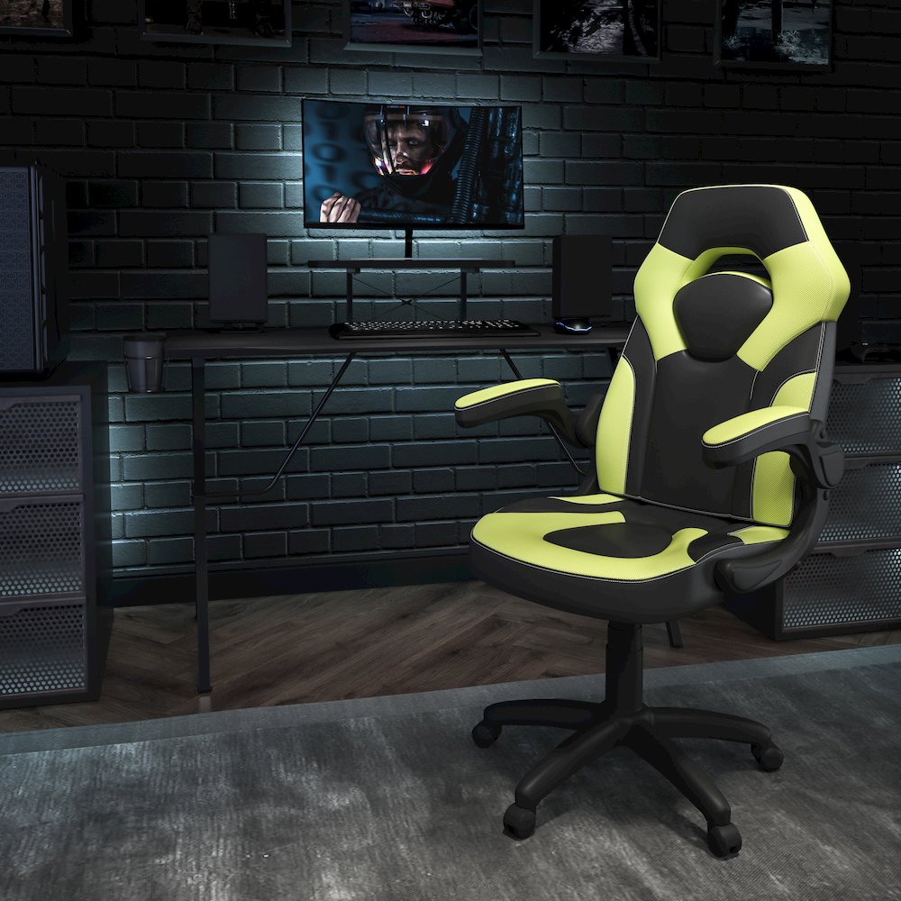 Black Gaming Desk and Green/Black Racing Chair Set. Picture 2