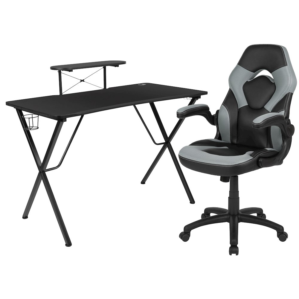 Black Gaming Desk and Gray/Black Racing Chair Set. Picture 1