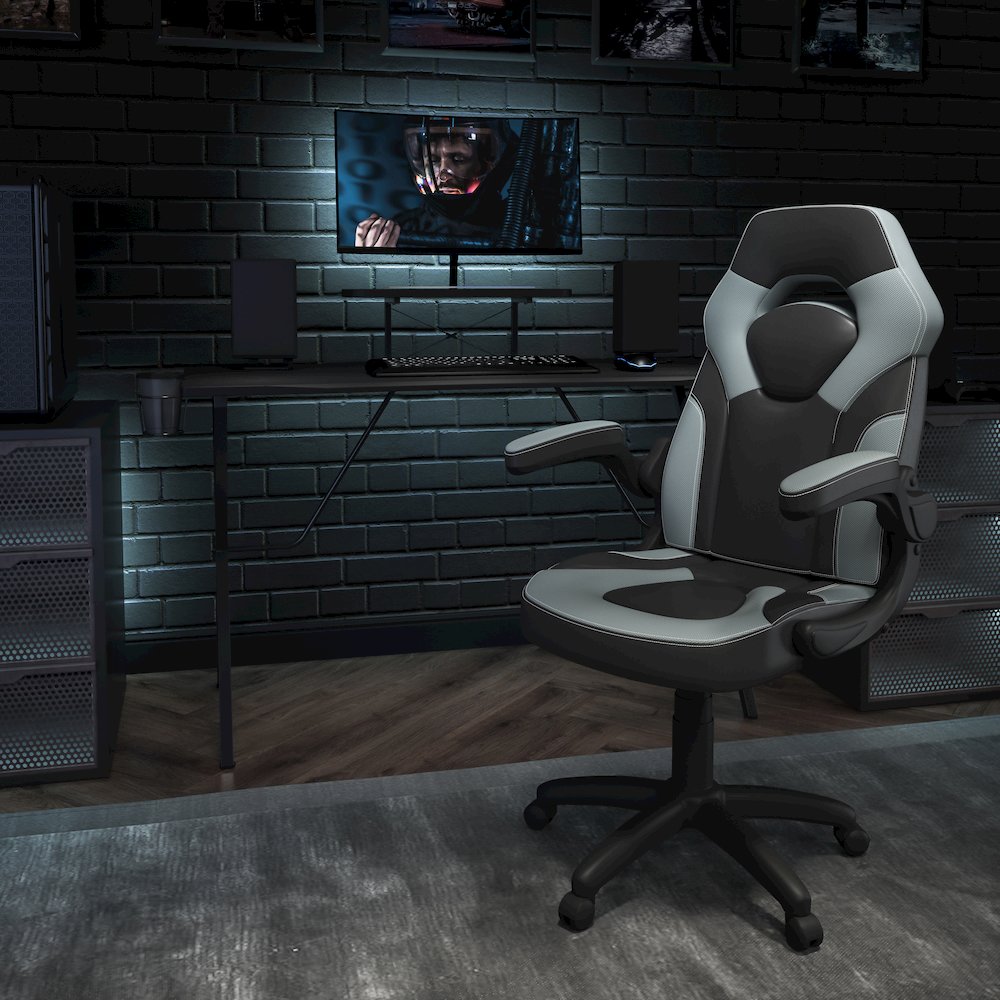 Black Gaming Desk and Gray/Black Racing Chair Set. Picture 2