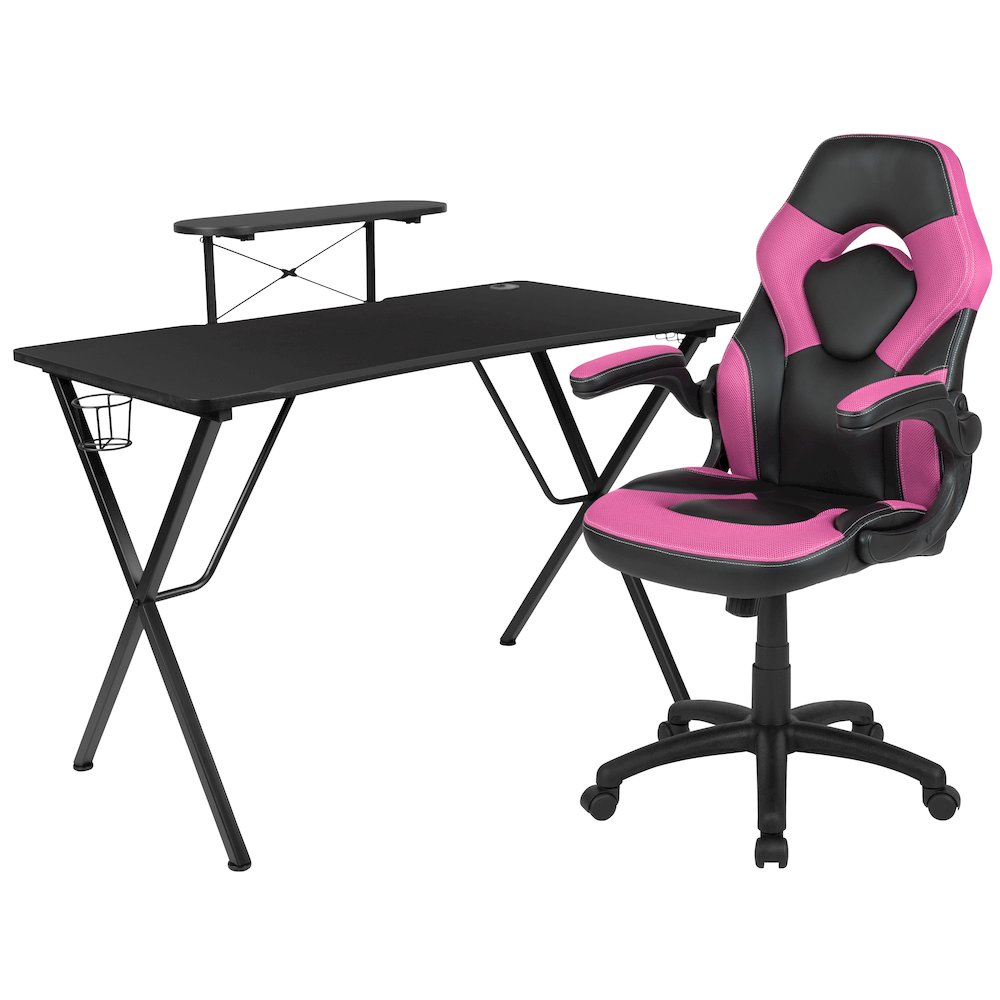 Black Gaming Desk and Pink/Black Racing Chair Set. Picture 1