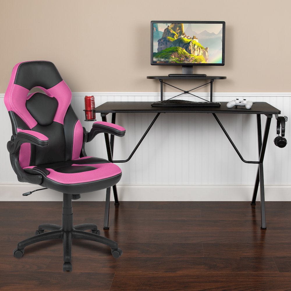 Black Gaming Desk and Pink/Black Racing Chair Set. Picture 2