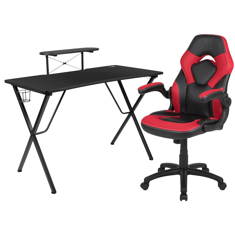 Black Gaming Desk and Red/Black Racing Chair Set. Picture 1