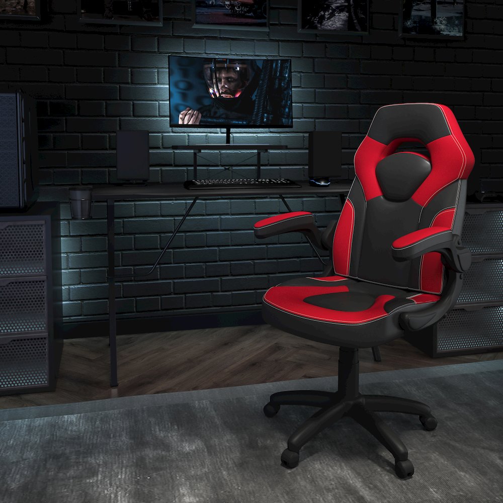 Black Gaming Desk and Red/Black Racing Chair Set. Picture 2