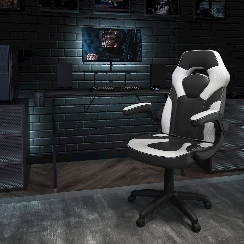 Black Gaming Desk and White/Black Racing Chair Set. Picture 2