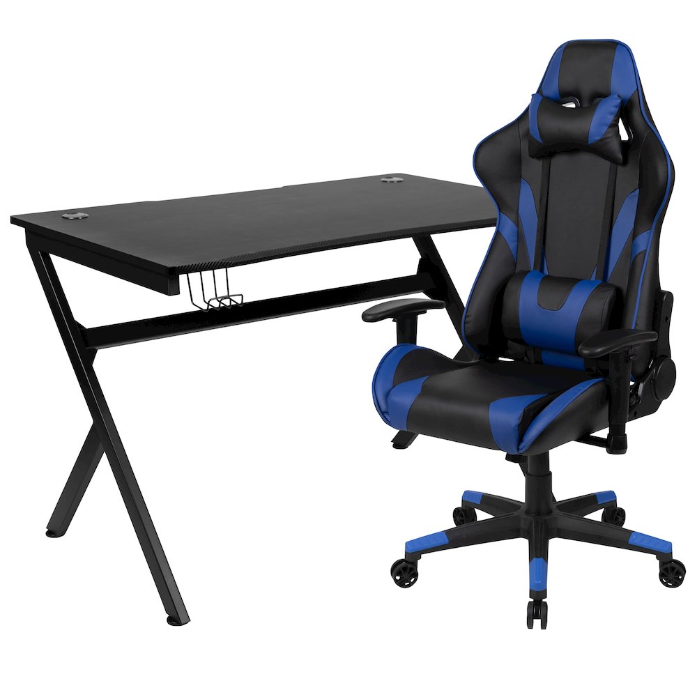 Black Gaming Desk and Blue/Black Reclining Gaming Chair Set. Picture 1