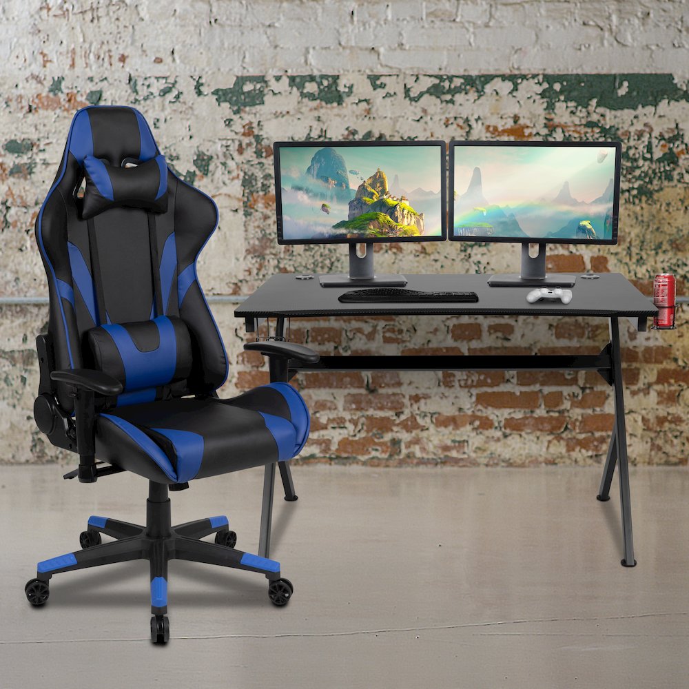 Black Gaming Desk and Blue/Black Reclining Gaming Chair Set. Picture 2