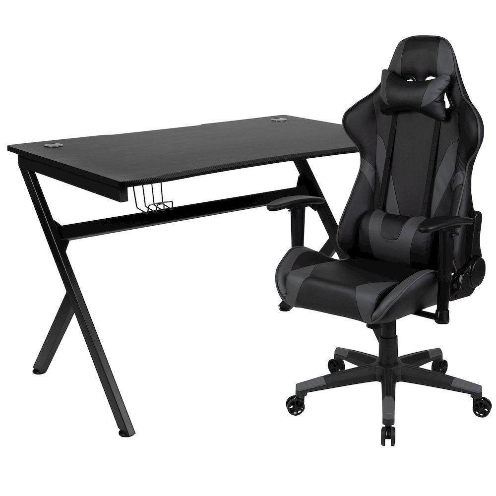 Black Gaming Desk and Gray/Black Reclining Gaming Chair Set. Picture 1