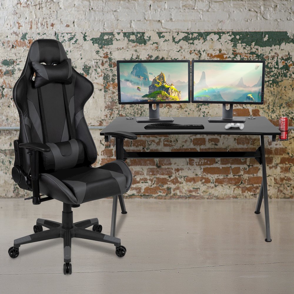 Black Gaming Desk and Gray/Black Reclining Gaming Chair Set. Picture 2