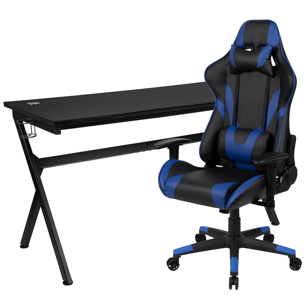 Gaming Desk and Blue/Black Reclining Gaming Chair Set. Picture 1