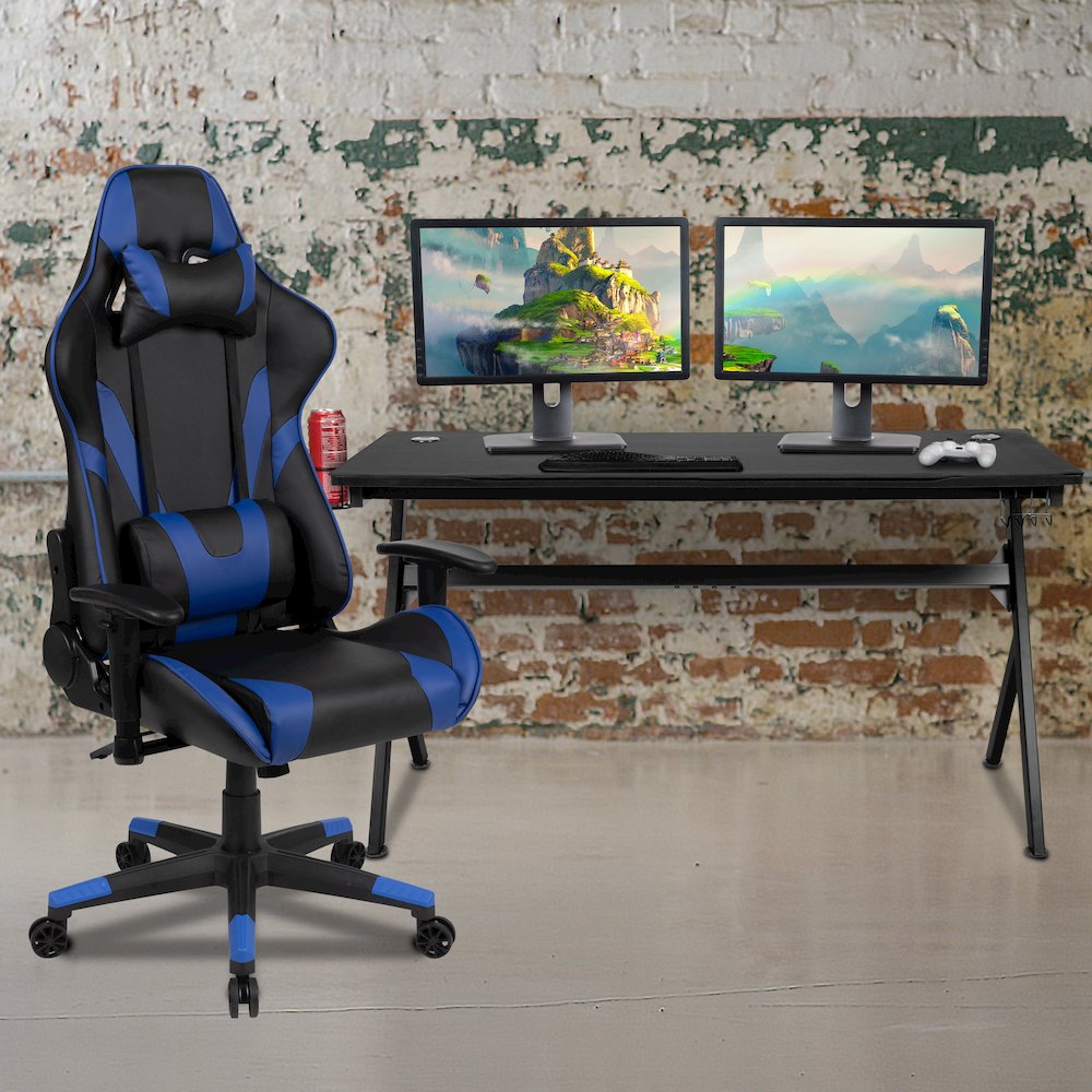 Gaming Desk and Blue/Black Reclining Gaming Chair Set. Picture 2