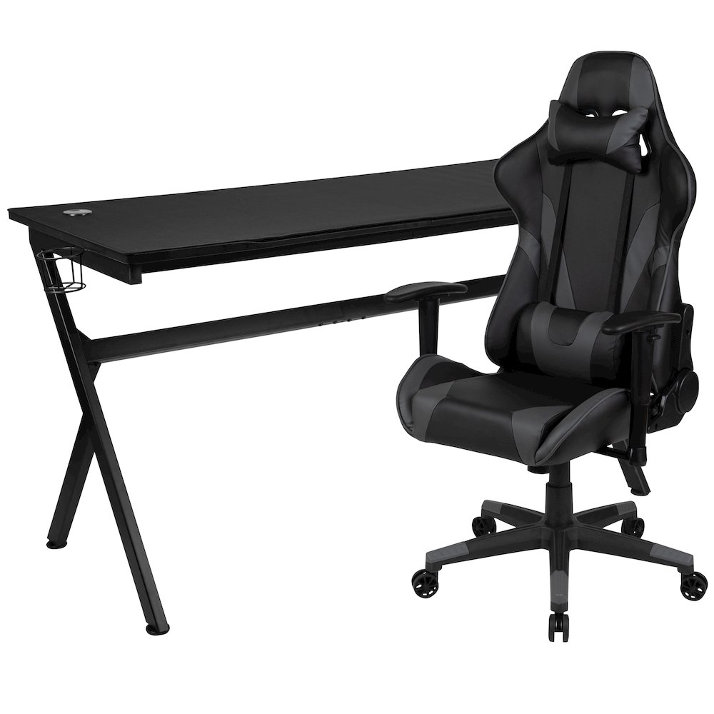 Gaming Desk and Gray/Black Reclining Gaming Chair Set. Picture 1
