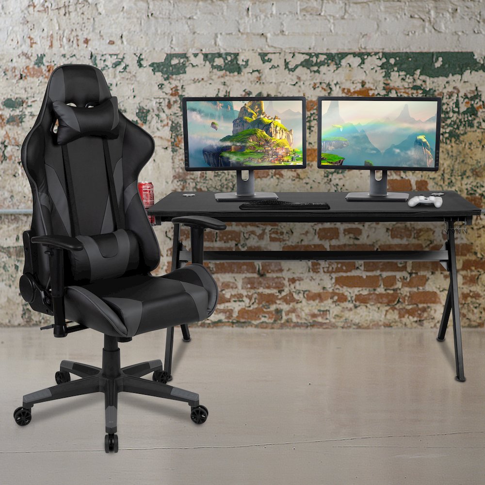 Gaming Desk and Gray/Black Reclining Gaming Chair Set. Picture 2