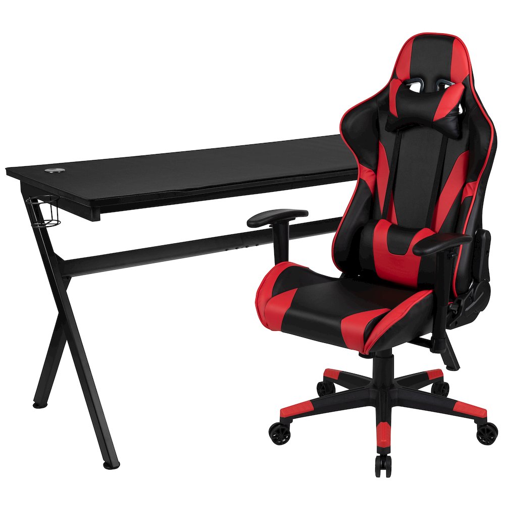 Gaming Desk and Red/Black Reclining Gaming Chair Set. Picture 1