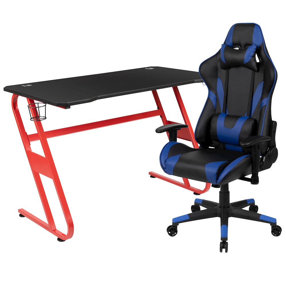 Red Gaming Desk and Blue Reclining Gaming Chair Set. Picture 1