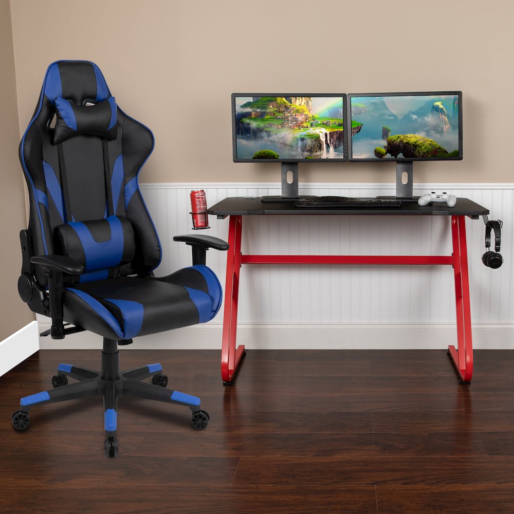 Red Gaming Desk and Blue Reclining Gaming Chair Set. Picture 2