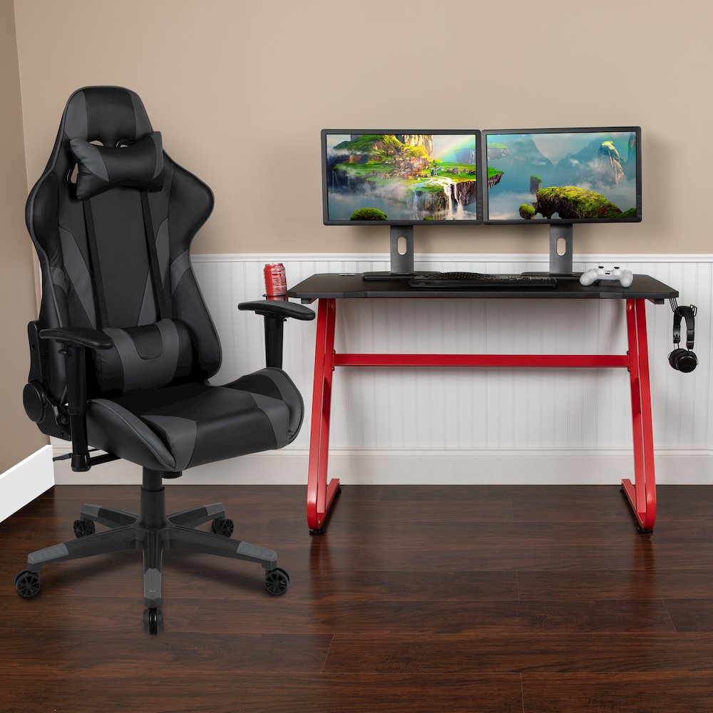 Red Gaming Desk and Gray Reclining Gaming Chair Set. Picture 2