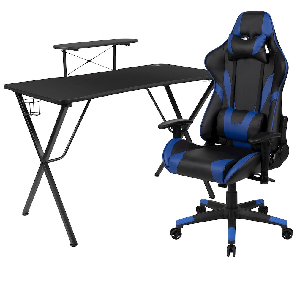 Black Gaming Desk and Blue Reclining Gaming Chair Set. Picture 1