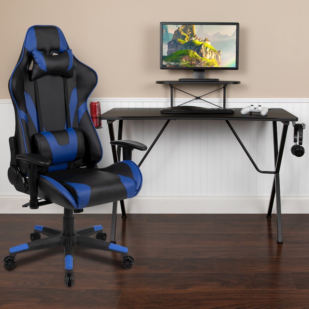 Black Gaming Desk and Blue Reclining Gaming Chair Set. Picture 2