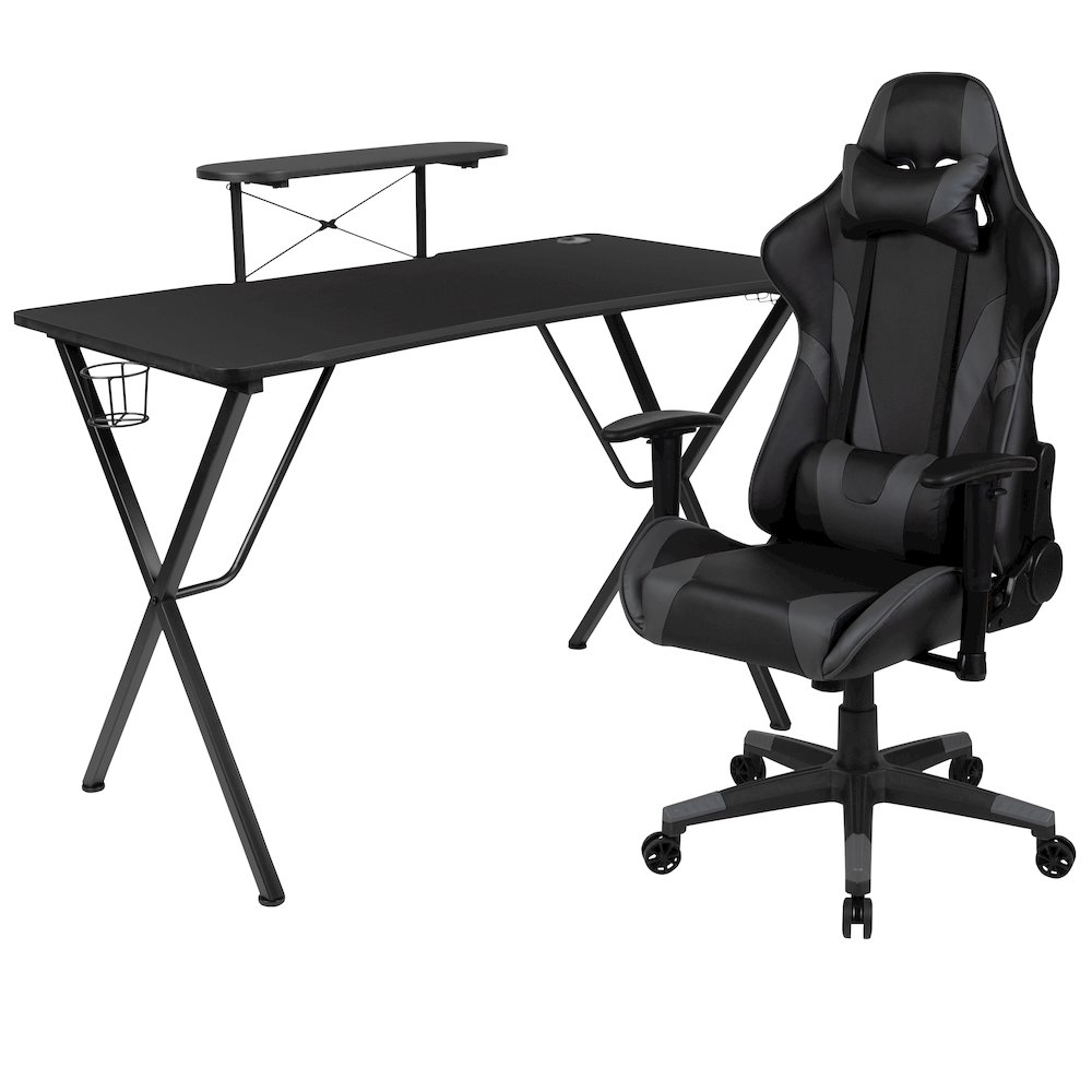 Black Gaming Desk and Gray Reclining Gaming Chair Set. Picture 1