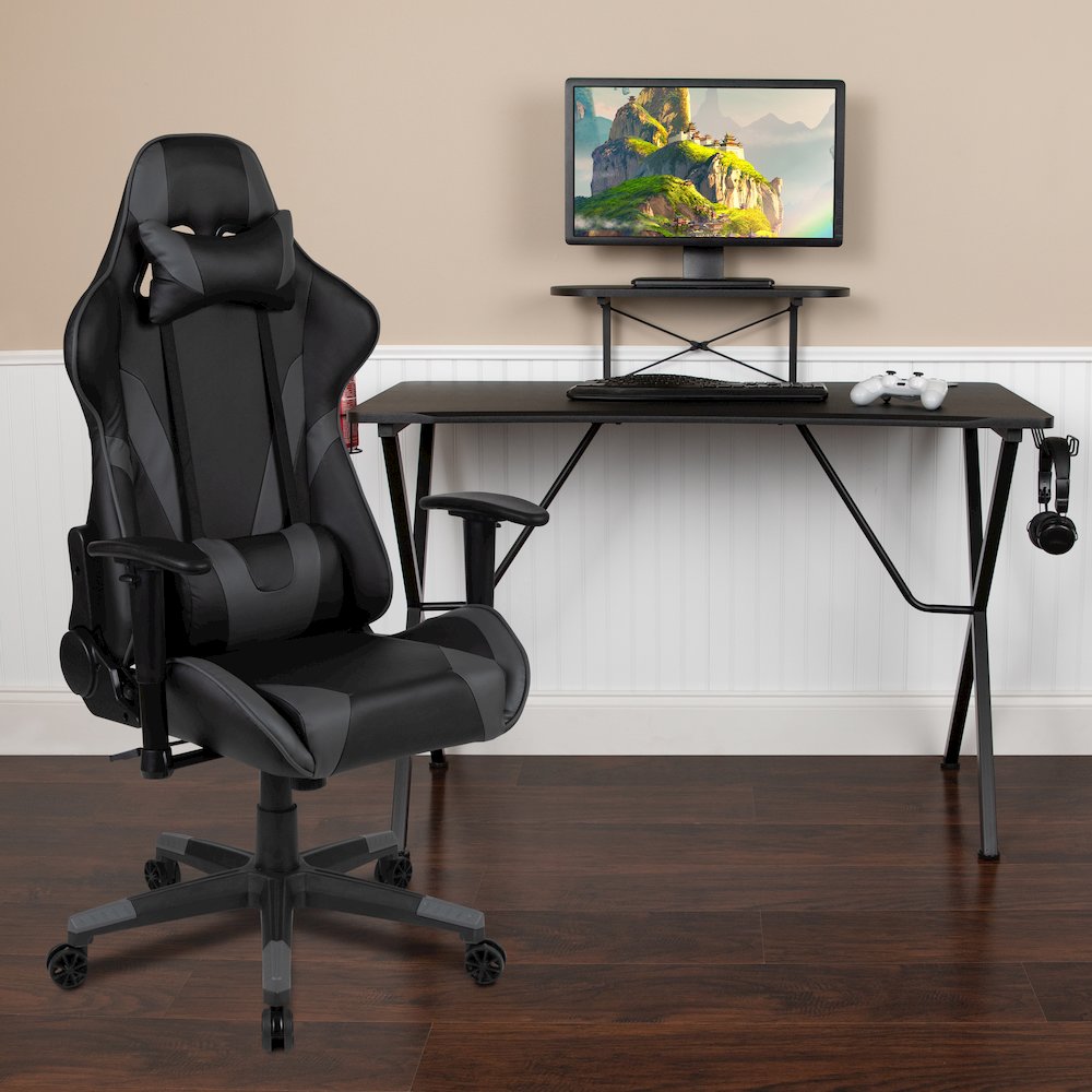 Black Gaming Desk and Gray Reclining Gaming Chair Set. Picture 2
