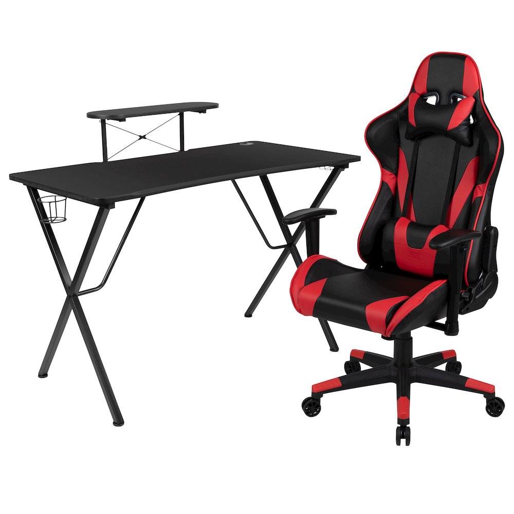 Black Gaming Desk and Red/Black Reclining Gaming Chair Set. Picture 1