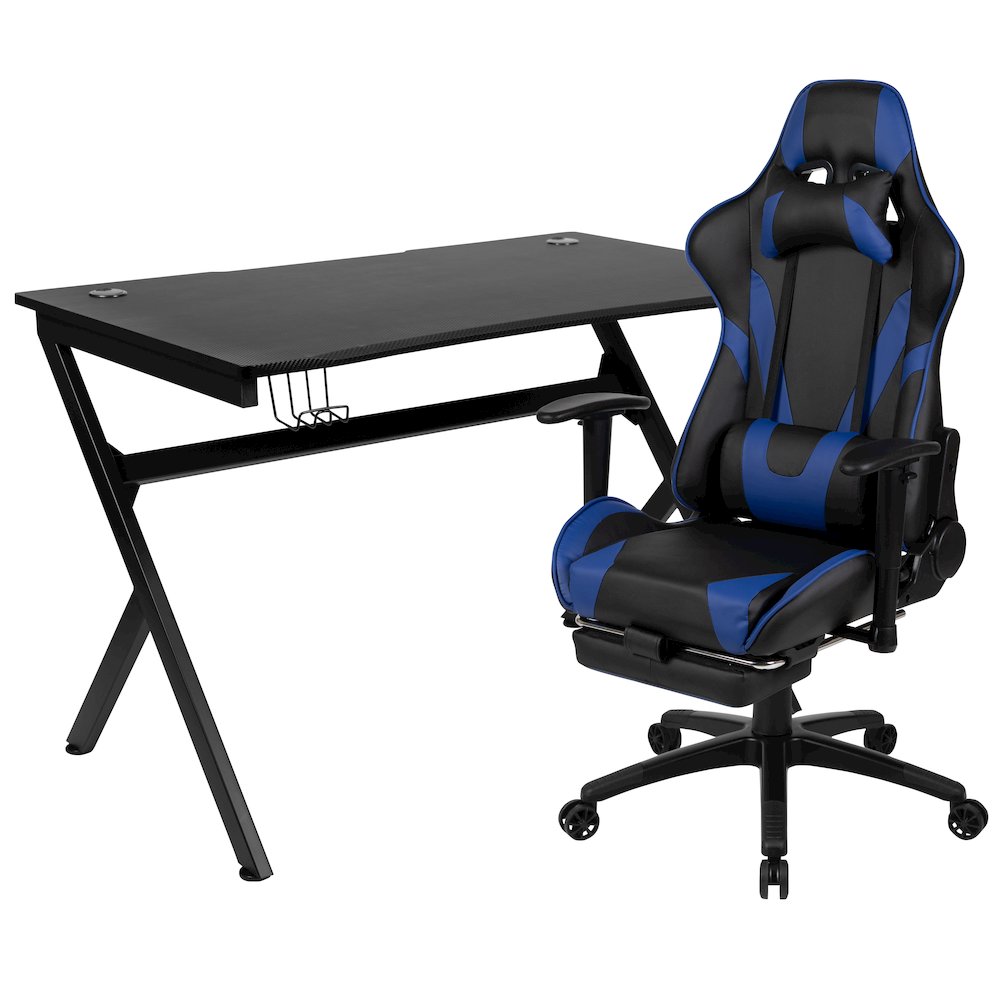 Black Gaming Desk and Blue Footrest Reclining Gaming Chair Set. Picture 1