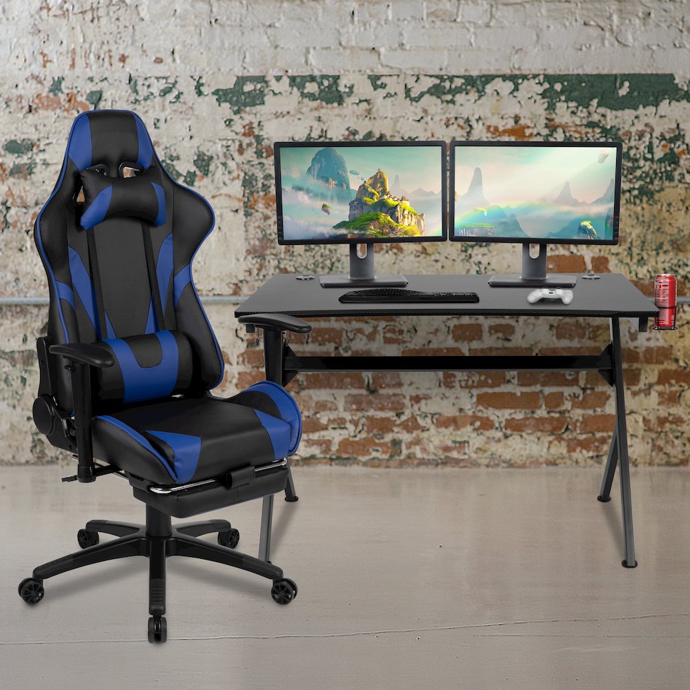Black Gaming Desk and Blue Footrest Reclining Gaming Chair Set. Picture 2